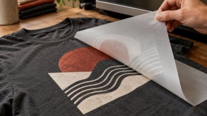 Illustrative DTF film being peeled from a shirt