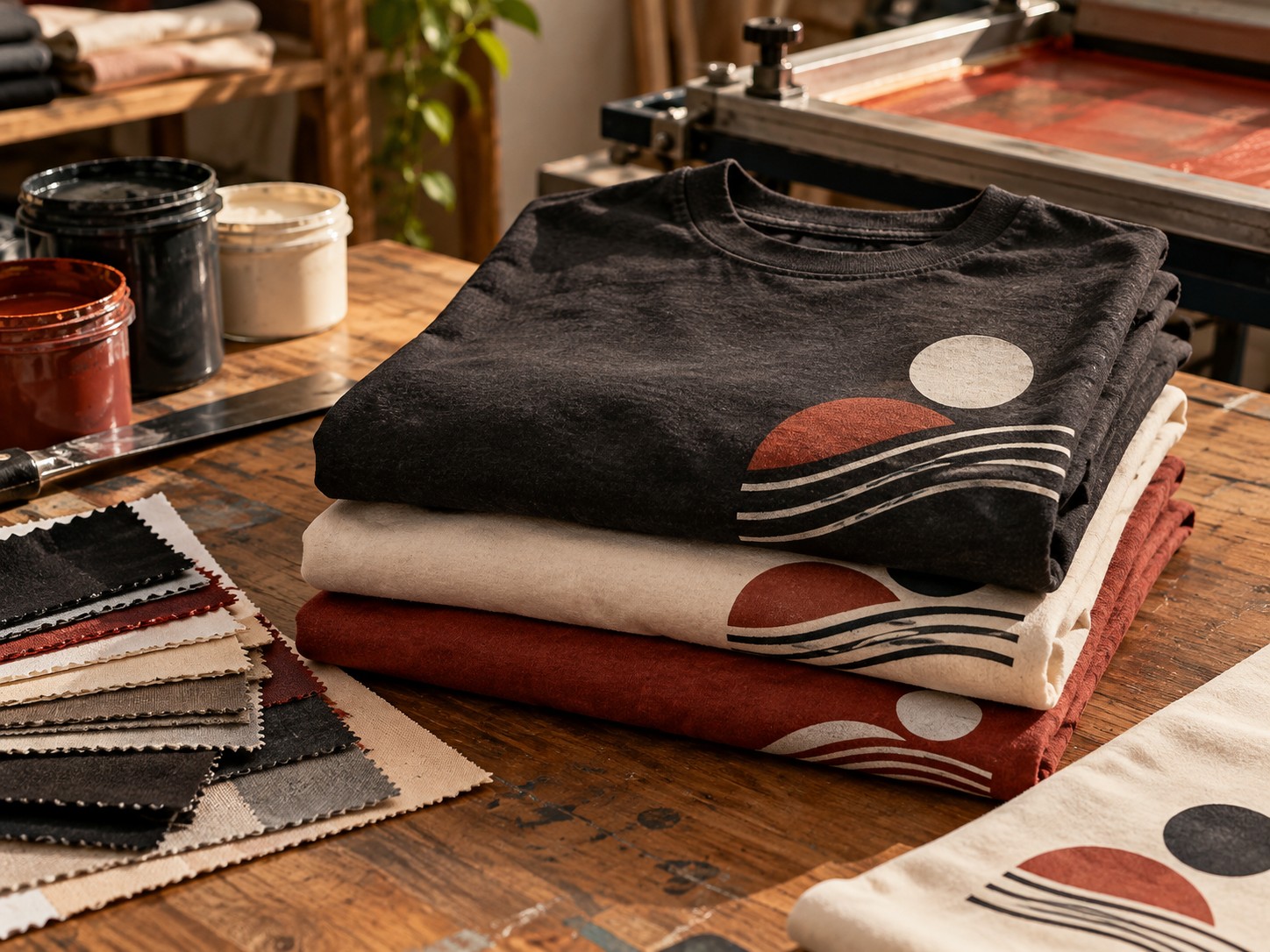 Illustrative folded custom work shirts beside order swatches