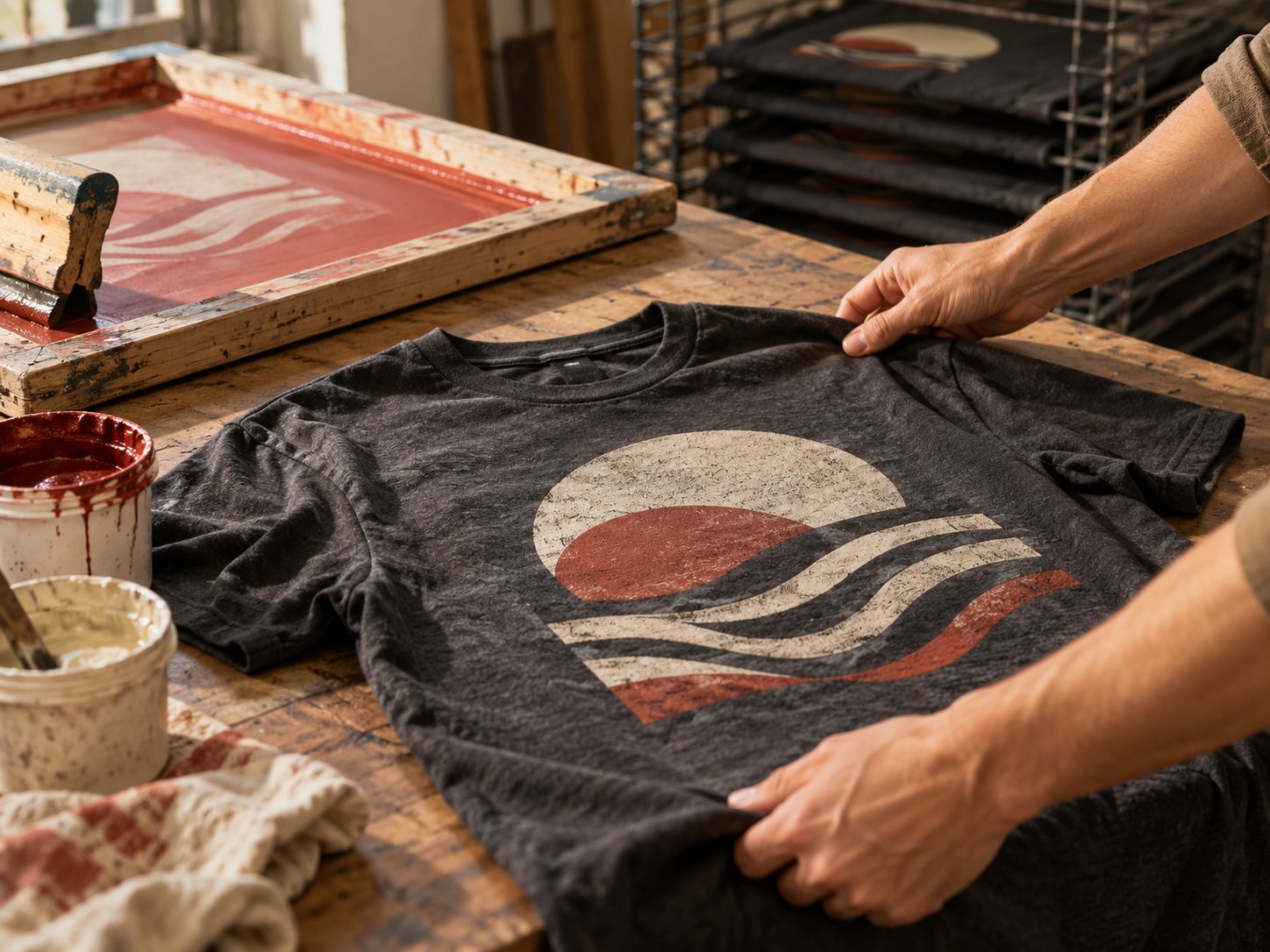 Illustrative hands checking a cotton shirt print