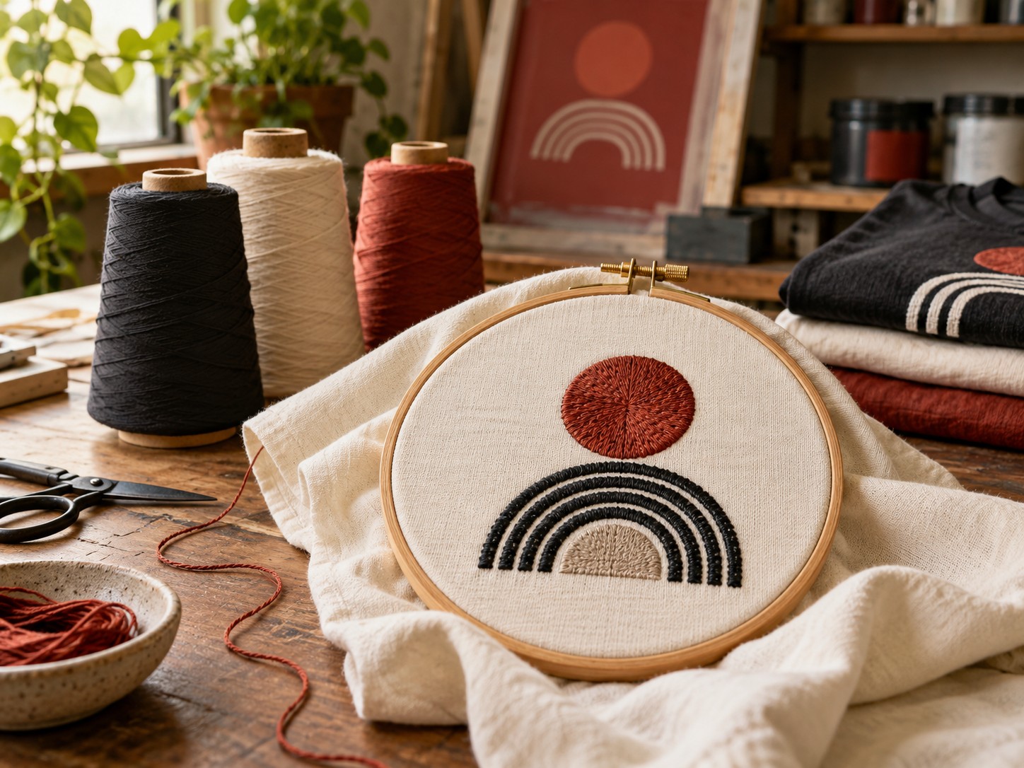 Illustrative embroidery hoop and thread cones