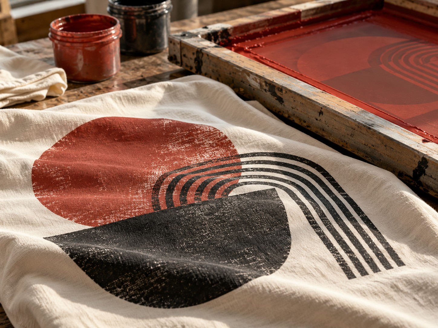 Illustrative abstract screen printed cotton textile close-up