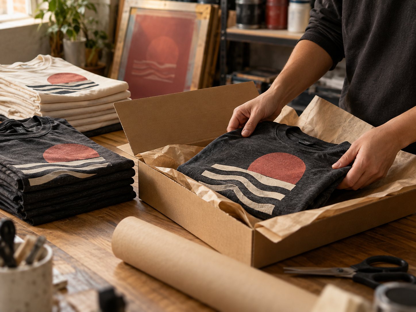 Illustrative apparel order being carefully packed