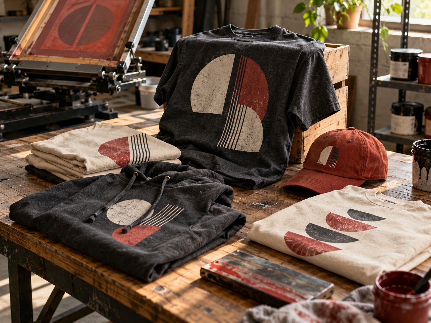 Illustrative a coordinated collection of custom printed apparel