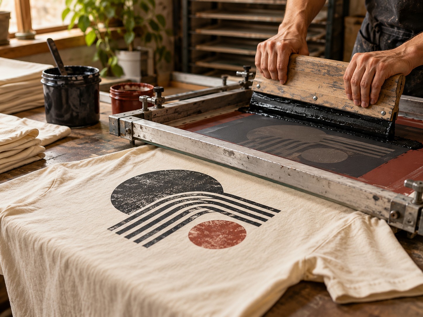 Illustrative screen printing a cream t-shirt with dark ink