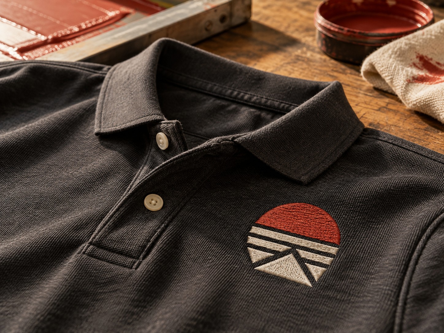 Illustrative close-up of stitched emblem on a charcoal polo