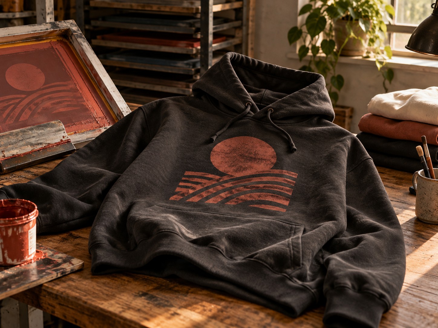 Illustrative hoodie with an abstract one-color chest print