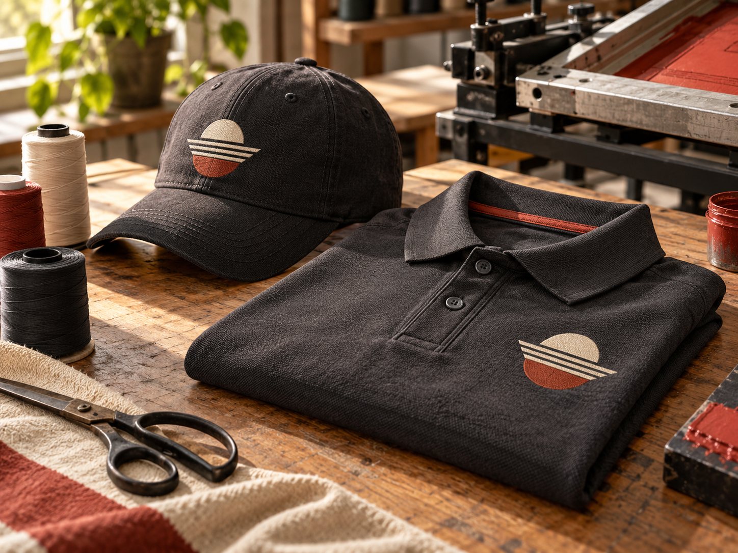 Illustrative embroidered work cap and folded polo