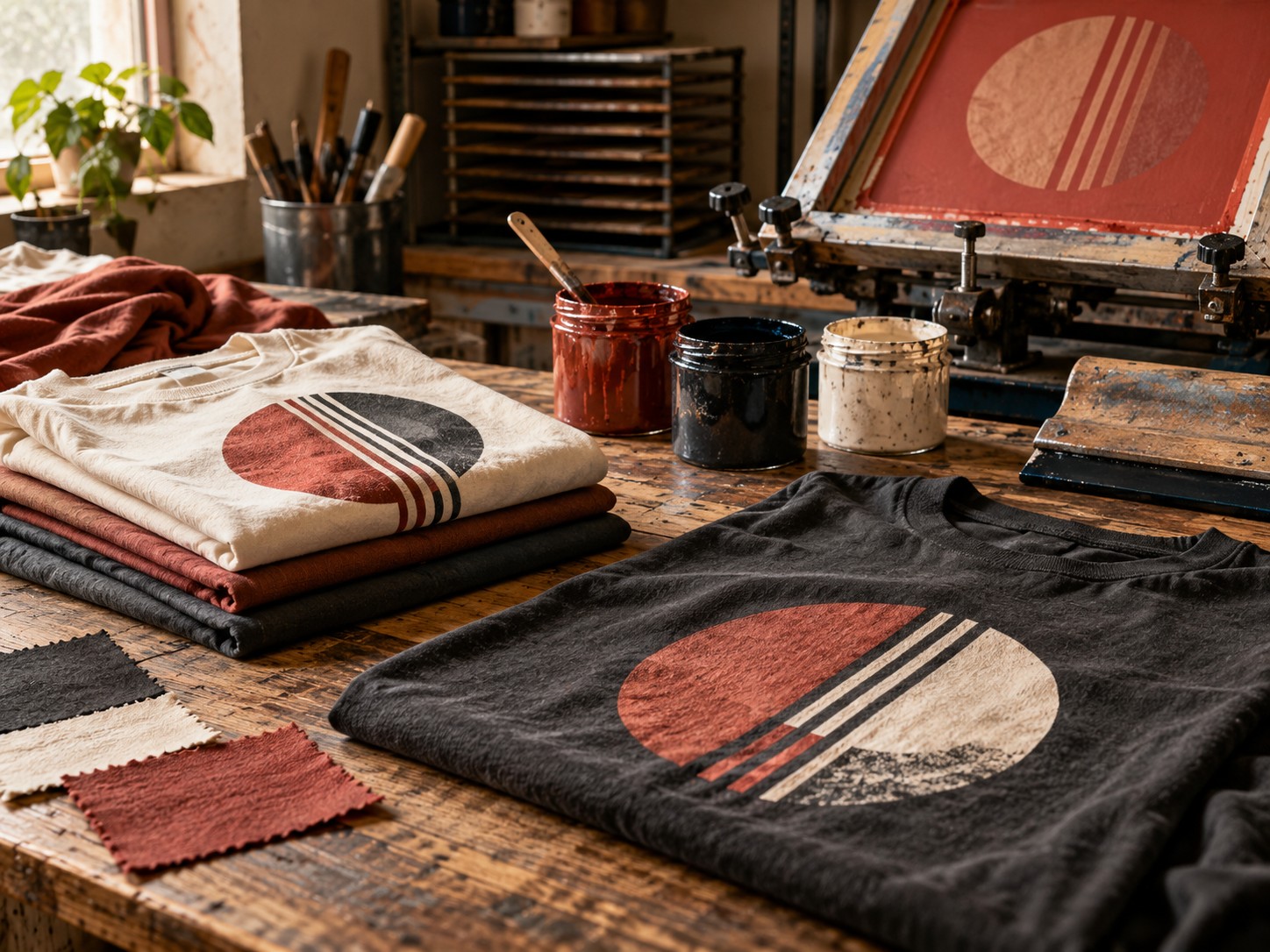 Illustrative print shop workbench with apparel swatches