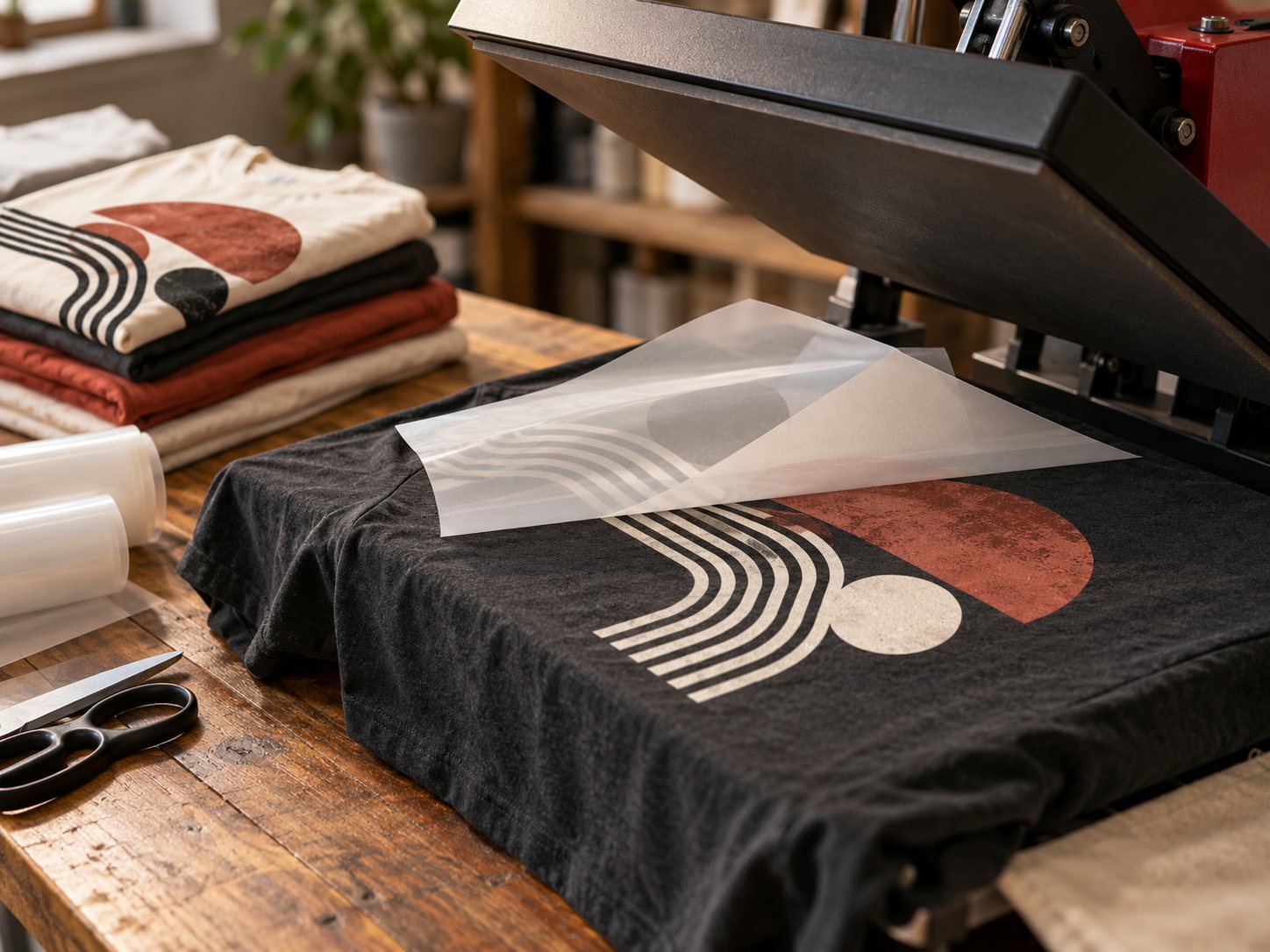 Illustrative DTF film and heat press close-up