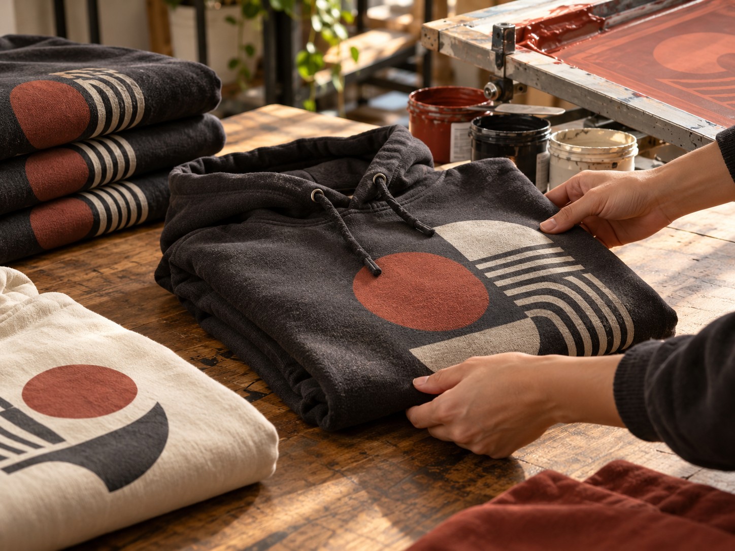 Illustrative custom hoodie folding close-up