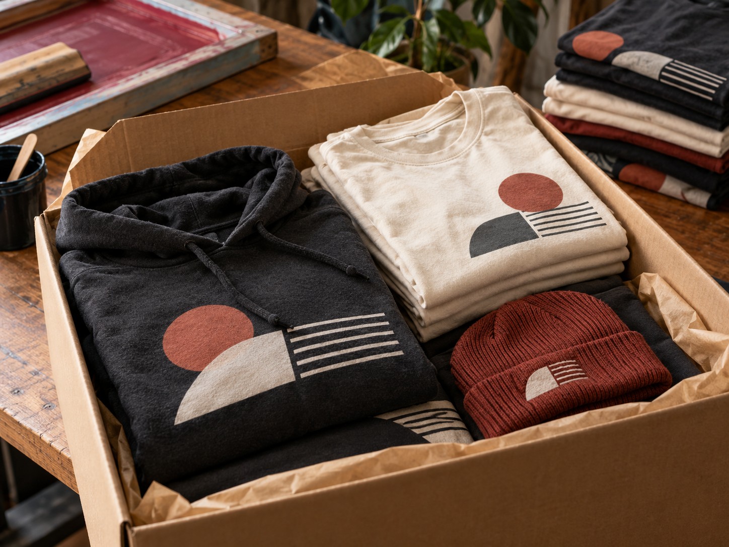 Illustrative team apparel neatly packed in an open box